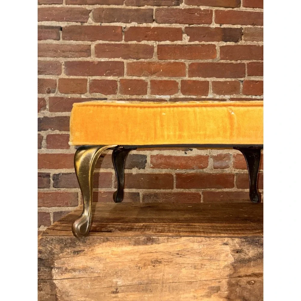 MCM Small Gold Cut‎ Velvet Brass Leg Footstool Ottoman
